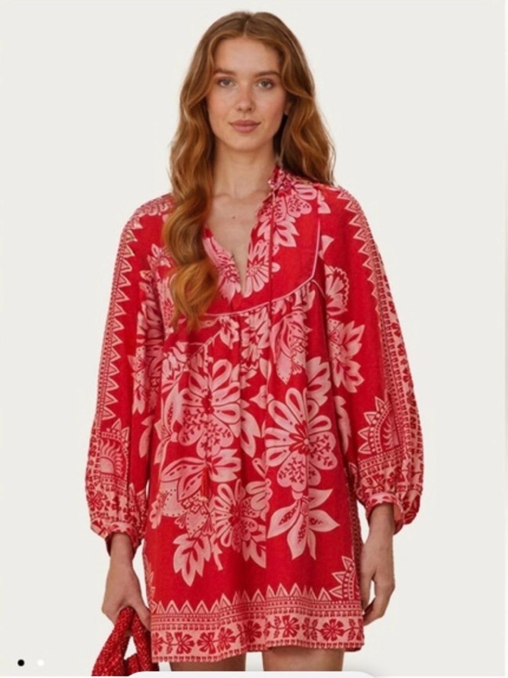 Farm Rio Flora Tapestry Red Pink Long Sleeve Mini Dress Size S
